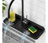 PoYang 14.6 inch Faucet Mat for Kitchen Sink Splash Guard, 7° Slope Silicone Sink Water Splash Guard for Kitchen Sink Area with Snap Button, Small Sink Protectors for kitchen Sink Sponge Holder, Black