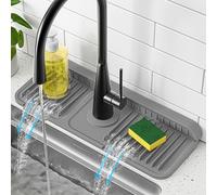 PoYang 14.6 inch Faucet Mat for Kitchen Sink Splash Guard, 7° Slope Silicone Sink Water Splash Guard for Kitchen Sink Area with Snap Button, Small Sink Protectors for Kitchen Sink Sponge Holder, Grey