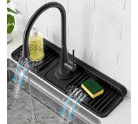 PoYang 17.7 inch Faucet Mat for Kitchen Sink Splash Guard, 7° Slope Silicone Sink Water Splash Guard for Kitchen Sink Area with Snap Button, Long Sink Protectors for kitchen Sink Sponge Holder, Black