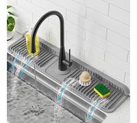 PoYang 24 inch Faucet Mat for Kitchen Sink Splash Guard, 7° Slope Silicone Sink Water Splash Guard for Kitchen Sink Area with Snap Button, Longer Sink Protectors for Kitchen Sink Sponge Holder, Grey