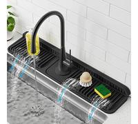 PoYang 24 inch Faucet Mat for Kitchen Sink Splash Guard, 7° Slope Silicone Sink Water Splash Guard for Kitchen Sink Area with Snap Button, Longer Sink Protectors for kitchen Sink Sponge Holder, Black