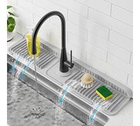 PoYang 24 inch Faucet Mat for Kitchen Sink Splash Guard, 7° Slope Silicone Sink Water Splash Guard for Kitchen Sink Area with Snap, Longer Sink Protectors for Kitchen Sink Sponge Holder, Light Grey