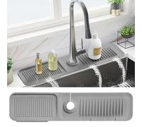 PoYang 24 Inch Faucet Mat for Kitchen Sink Splash Guard Behind Faucet, Sink Protectors for Kitchen Sink Faucet Mat Splash Guard for Kitchen Sink Area, Longer Silicone Faucet Guard & Draining Mat, Grey