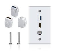 Poyiccot HDMI RJ45 Wall Plate, 3Port HDMI USB Outlet Wall Plate, 1 x HDMI Female to Female Jack + 1 x Cat6 RJ45 Ethernet + 1 x USB 3.0 Jack Support Keystone Wall Plate for Face Plate, White