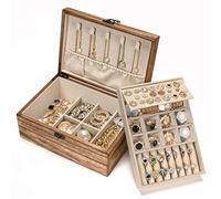 Poyilooo Jewelry Box Organizer, Solid Wood Jewelry Boxes for Women, Double Layer Jewelry Organizer Box Display Earring Necklace Bracelet Ring, Rustic Style Small Jewelry Box for Girls