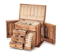 Poyilooo Jewelry Box Organizer, Solid Wood Jewelry Boxes for Women for Storage & Display Necklace Ring Earring Bracelet, Rustic Style Jewelry Organizer Box for Women Gifts (Carbonized Brown)