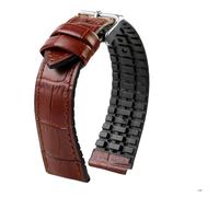 POYNMRE Black Brown Genuine Leather Rubber Watch Strap Men Waterproof Silicone Cowhide Band Bracele(Brown-silver,21mm)