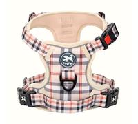 PoyPet No Pull Dog Harness, [Release on Neck] Reflective Adjustable No Choke Pet Vest with Front & Back 2 Leash Attachments, Soft Control Training Handle for Large Dogs(Checkered Beige,L)