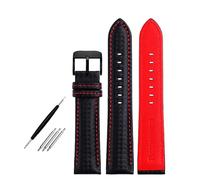 Poyuad 18mm 20mm 21mm 22mm 23mm 24mm, 20cm Long, Unisex Leather Strap, Carbon Fiber Grain and Red and Orange Stitching, Replaceable Accessories,Black Red Black,20mm