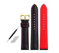 Poyuad 18mm 20mm 21mm 22mm 23mm 24mm, 20cm Long, Unisex Leather Strap, Carbon Fiber Grain and Red and Orange Stitching, Replaceable Accessories,Black Red Gold,24mm