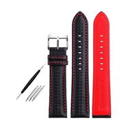Poyuad 18mm 20mm 21mm 22mm 23mm 24mm, 20cm Long, Unisex Leather Strap, Carbon Fiber Grain and Red and Orange Stitching, Replaceable Accessories,Black Red Silver,20mm