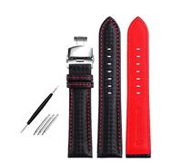 Poyuad 18mm 20mm 22mm, 20cm Long, Men's Leather Strap, Carbon Fiber Pattern and Red Stitching Strap, With Butterfly Buckle,Black Red Silver,18mm