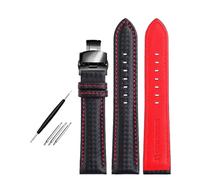 Poyuad 18mm 20mm 22mm, 20cm Long, Men's Leather Strap, Carbon Fiber Pattern and Red Stitching Strap, With Butterfly Buckle,Black Red Black,19mm