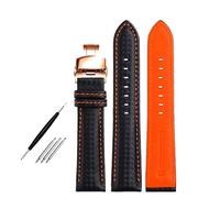 Poyuad 18mm 20mm 22mm, 20cm Long, Men's Leather Strap, Carbon Fiber Pattern and Red Stitching Strap, With Butterfly Buckle,Black Orange Rose,18mm