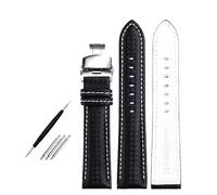 Poyuad 18mm 20mm 22mm, 20cm Long, Men's Leather Strap, Carbon Fiber Pattern and Red Stitching Strap, With Butterfly Buckle,19mm