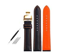 Poyuad 18mm 20mm 22mm, 20cm Long, Men's Leather Strap, Carbon Fiber Pattern and Red Stitching Strap, With Butterfly Buckle,Black Orange Gold,22mm