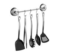 Poywaze Suction Cup Utensil Holder with 5 Hooks, SUS 304 Stainless Steel Kitchen Tool Hooks 35cm Never Rusts, No Drilling Removable and Reusable Bathroom Hooks