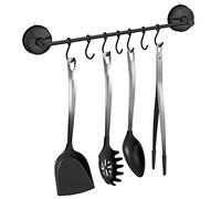 Poywaze Suction Cup Utensil Holder with 7 Hooks, SUS 304 Stainless Steel Kitchen Tool Rail 43cm Never Rusts, No Drilling Removable and Reusable Bathroom Hooks Black