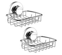 Poywaze Suction Soap Dish, Stainless Steel Soap Basket, No Drilling Chrome Bathroom Soap Holder for Shower, Silver Soap Tray with Hooks Design (2 Pack)