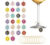 Pozbee 26 Pcs Alphabet Wine Charms for Stem Glass, Gold Metal Circle with Colorful Letters (A-Z), Wine Cocktail Glass Stem Identifier Tags for Weddings, Parties, Letter Enamel Charms, Zinc, No