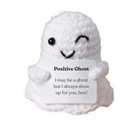 Pozbee Positive Ghost Crochet, Cute Halloween Emotional Support Plush Doll, Funny Affirmation Message Gag Gift for Fun, Stress Relief, Comfort & Cheer
