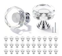 POZEAN Crystal Glass Cabinet Drawer Knobs, 30 Pack Glass Crystal Silver Dresser Knobs, 1-1/4 Inch Polygon Pulls Handles with Screws for Modern Kitchen Cupboard Bedroom and Bathroom