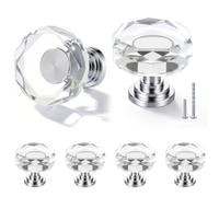 POZEAN Crystal Glass Cabinet Drawer Knobs, 6 Pack Glass Crystal Silver Dresser Knobs, 1-1/4 Inch Polygon Pulls Handles with Screws for Modern Kitchen Cupboard Bedroom and Bathroom