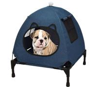 Pozico Elevated Pet Bed with Breathable Mesh for Small Cat and Dog, Raised Cooling Pet Cot for Puppy and Kitty, 18.9x18.9 inch (Navy Blue Bed with Canopy)