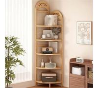 PP-Vic Five-Tier Multi-Functional Corner Bookshelf, Mid-Century Modern Freestanding Shelving Unit, Open Rattan Display and Storage Rack, Suitable for Bedrooms, Living Rooms, and Offices,Natural