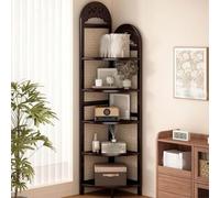 PP-Vic Five-Tier Multi-Functional Corner Bookshelf, Mid-Century Modern Freestanding Shelving Unit, Open Rattan Display and Storage Rack, Suitable for Bedrooms, Living Rooms, and Offices,Brown