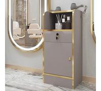 PP-Vic Locking Barber Station, Salon Storage Cabinet with 2 Hairdryer Holders, Modern Beauty Salon Spa Equipment Open Storage Cabinet, Wooden Hairdresser Storage,Gray