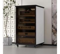PP-Vic Media Storage Cabinet with Glass Doors, Adjustable Shelf Height Modern AV Cabinet, Stereo Cabinet with Adjustable Shelves And Wheels, Rock Slab Top Audio Video Rack,5 Layer White