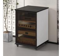 PP-Vic Media Storage Cabinet with Glass Doors, Adjustable Shelf Height Modern AV Cabinet, Stereo Cabinet with Adjustable Shelves And Wheels, Rock Slab Top Audio Video Rack,4 Layer White