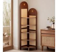 PP-Vic Retro Multi-Functional Corner Bookshelf, Solid Wood and Rattan Floor-Standing Storage Rack, Five-Tier Floor-Standing Triangular Cabinet, Suitable for Living Rooms, and Other Spaces,Brown