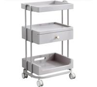 PP-Vic Three-Tier Salon Rolling Cart, Beautician Storage Rack with Drawers, Metal Frame with 4 Universal Wheels, Beauty Salon Storage Station Beauty Supply Rack,Gris