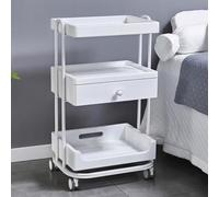 PP-Vic Three-Tier Salon Rolling Cart, Beautician Storage Rack with Drawers, Metal Frame with 4 Universal Wheels, Beauty Salon Storage Station Beauty Supply Rack,White 02