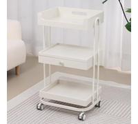 PP-Vic Three-Tier Salon Rolling Cart, Beautician Storage Rack with Drawers, Metal Frame with 4 Universal Wheels, Beauty Salon Storage Station Beauty Supply Rack,White 01