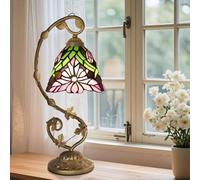 Ppbmocw Small Tiffany Lamp, 8 Inch Tiffany Style Lights Table Lamps for Living Room, Bedside, Reading,Vintage Mini Stained Glass Lamp Included 3 Color Temperatures E27 Bulb(Pink Chrysanthemum)