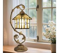 Ppbmocw Small Tiffany Lamp, 8 Inch Tiffany Style Lights Table Lamps for Living Room, Bedside, Reading,Vintage Mini Stained Glass Lamp Included 3 Color Temperatures E27 Bulb(Geometry House)