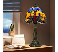 Ppbmocw Small Tiffany Lamp, 8 Inch Tiffany Style Lights Table Lamps for Living Room, Bedside, Reading, Vintage Mini Stained Glass Lamp Included 3 Color Temperatures E27 Bulb(Orange Blue Dragonfly)