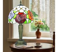 Ppbmocw Small Tiffany Style Lamp,Stained Glass Table Lamp for Living Room,Bedside,Reading,8 inch Vintage Mini Desk Light Included 3 Color Temperatures E27 Bulb (Three Roses)