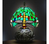 Ppbmocw Tiffany Lamp Green Dragonfly Stained Glass Table Lamp, 8 Inch Small Vintage Mushroom Lights for Living Room, Bedside, 3 Color Temperatures Dimmable E27 LED