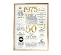 PPDesigns 1975 Poster Framed, 50th Anniversary, Happy 50th Birthday, 50 Golden Sign Card, Party Decoration or Table Centerpiece in Gold Frame, gift for Parents, Grandparents, Couples