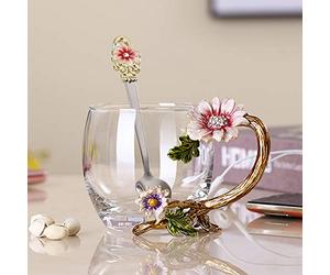 PPEA Enamel Sunflower Crystal Lead-Free Glass Tea Cup with Spoon Set, Present for The Christmas, Valentine's Day.Best Present for Mother, Grandma, Girlfriend, Sister.
