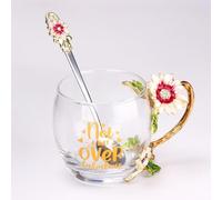 PPEA Gifts Ideas for Mom Women Ladies Mothers Day Handmade Enamel Butterfly Flower Glass Coffee Mugs Tea Cup with Spoon Set Christmas Presents Valentines Day (Not a Day-Short)