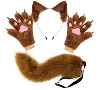 PPFINE Faux Fur Furry Wolf Fox Tail Paw Gloves and Cat Ears Headband Set for Halloween Anime Cosplay Party