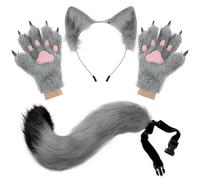 PPFINE Faux Fur Furry Wolf Fox Tail Paw Gloves and Cat Ears Headband Set for Halloween Anime Cosplay Party