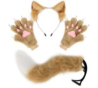 PPFINE Faux Fur Furry Wolf Fox Tail Paw Gloves and Cat Ears Headband Set for Halloween Anime Cosplay Party