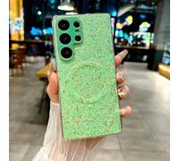 PPFVVTV Magnetic Wireless Charging Solid Color Plating Border Glitter Phone Case for Samsung S25 Ultra S23 S24 Ultra Plus(Galaxy S24+/Green)