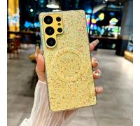 PPFVVTV Magnetic Wireless Charging Solid Color Plating Border Glitter Phone Case for Samsung S25 Ultra S23 S24 Ultra Plus(Galaxy S24 Ultra/Yellow)
